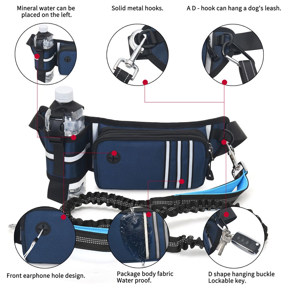 Hands Free Retractable Dog Leash With Waist Zipper Pouch For Running Walking-Blue