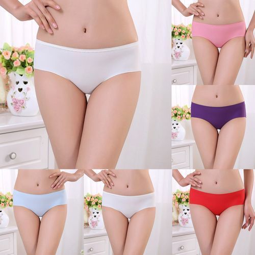Women Ultra-thin Breathable Seamless Mid Waist Ice-silk Briefs Panty-White