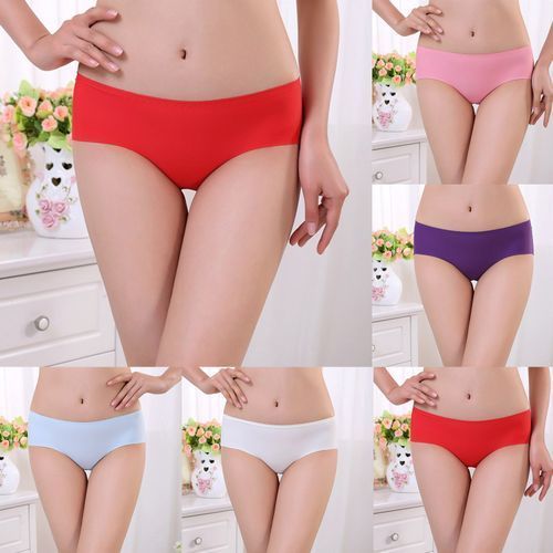Women Ultra-thin Breathable Seamless Mid Waist Ice-silk Briefs Panty-White
