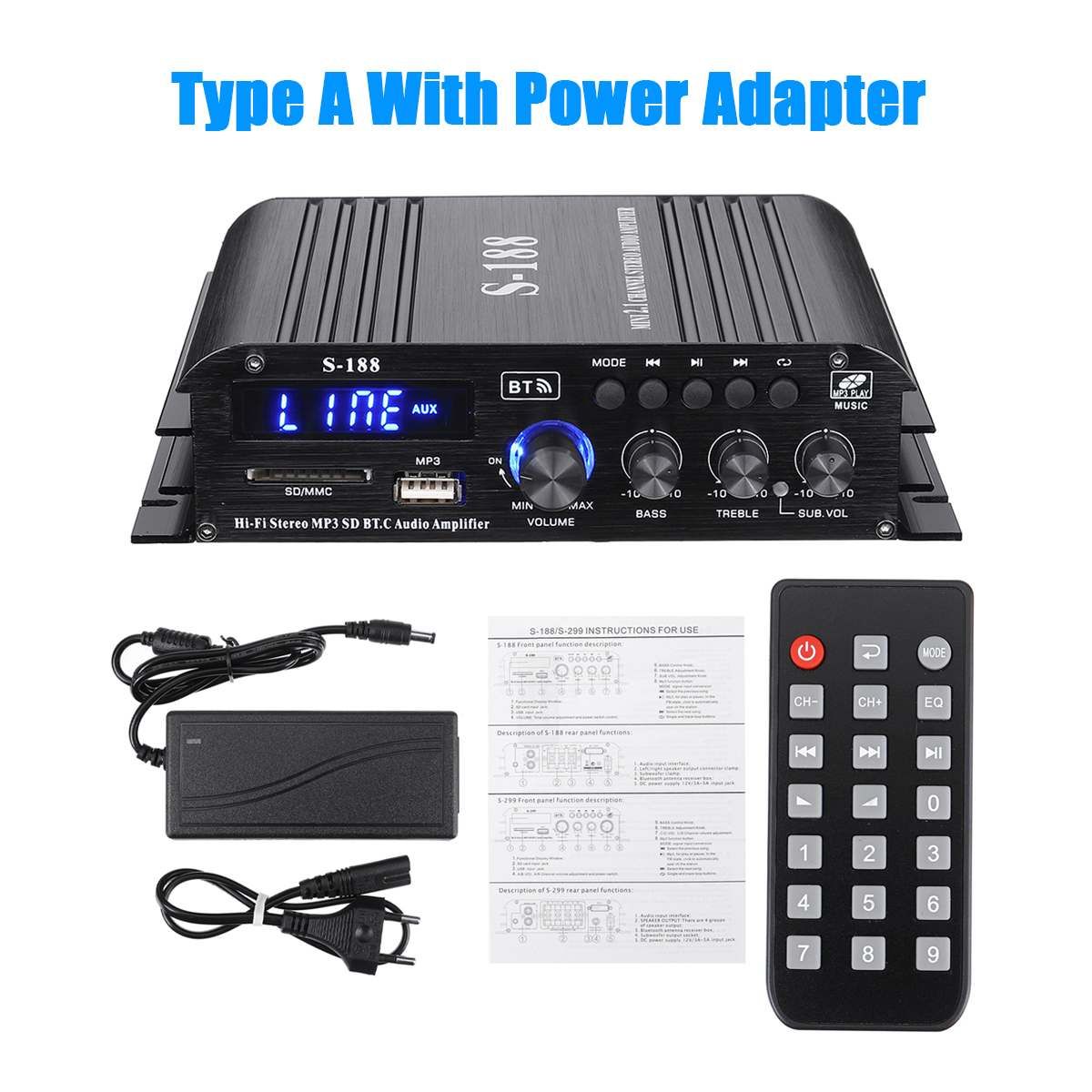 Updated S188 1000W Power Amplifier Audio Karaoke Theater Amplifier 2.1 Channel Bluetooth ClD Amplifier USB/SD AUX Input