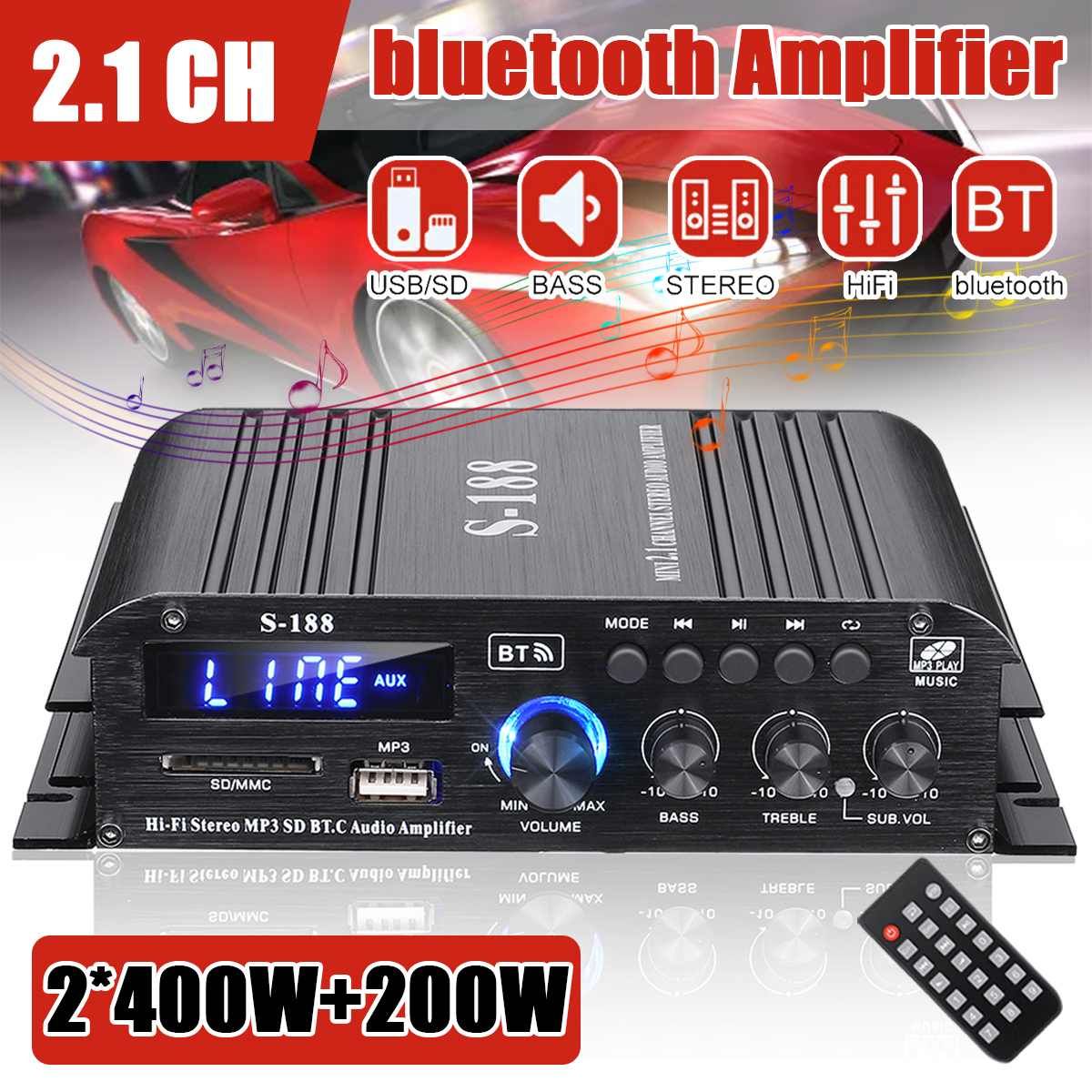 Updated S188 1000W Power Amplifier Audio Karaoke Theater Amplifier 2.1 Channel Bluetooth ClD Amplifier USB/SD AUX Input