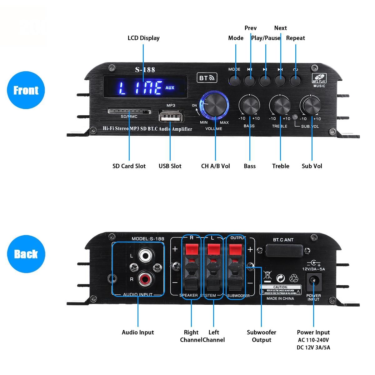 Updated S188 1000W Power Amplifier Audio Karaoke Theater Amplifier 2.1 Channel Bluetooth ClD Amplifier USB/SD AUX Input