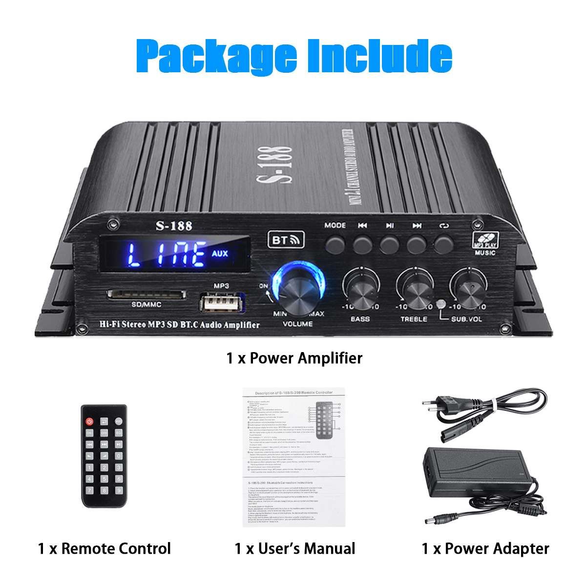 Updated S188 1000W Power Amplifier Audio Karaoke Theater Amplifier 2.1 Channel Bluetooth ClD Amplifier USB/SD AUX Input