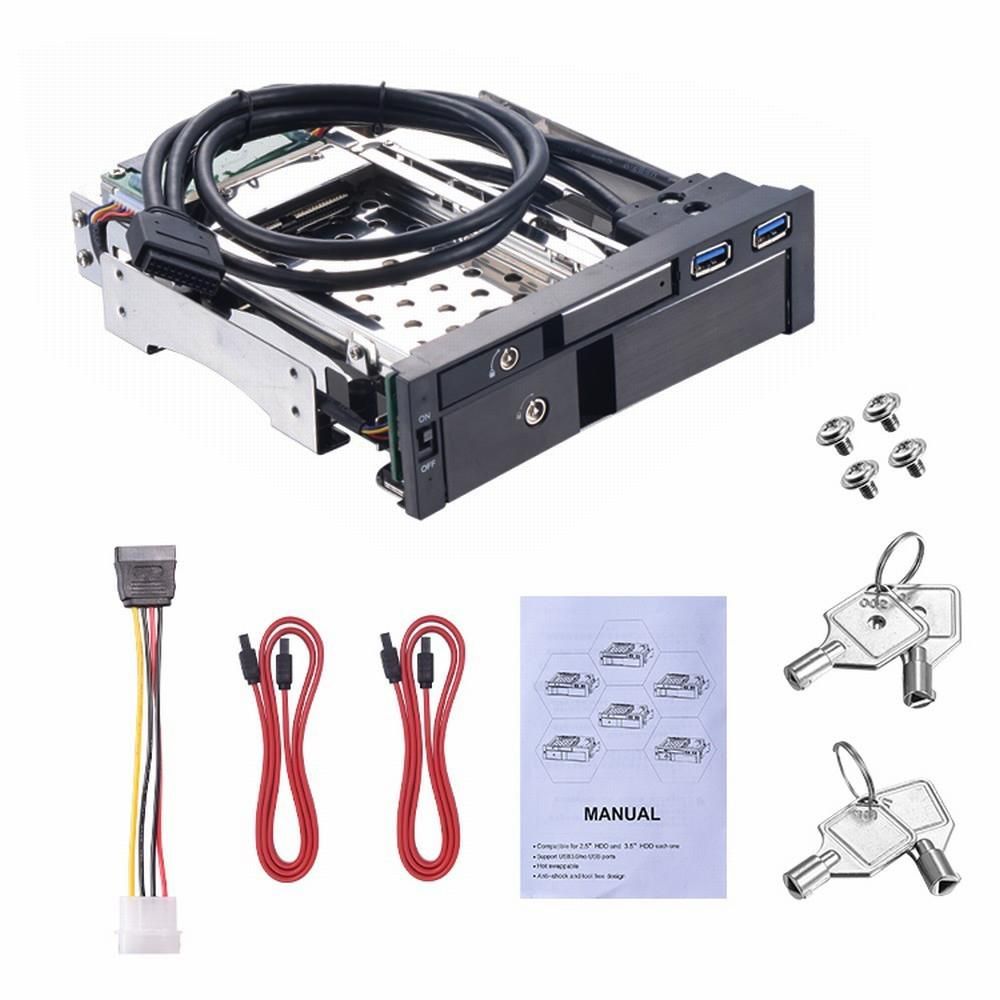 5.25 inch Internal Dual Slot Hard Disk Case 2.5+3.5 inch SATA HDD/SSD Enclosure Tool-free Design with 2 USB3.0 Ports Safety Locks