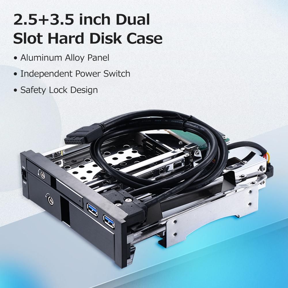5.25 inch Internal Dual Slot Hard Disk Case 2.5+3.5 inch SATA HDD/SSD Enclosure Tool-free Design with 2 USB3.0 Ports Safety Locks