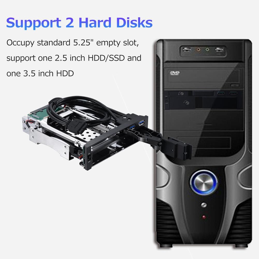 5.25 inch Internal Dual Slot Hard Disk Case 2.5+3.5 inch SATA HDD/SSD Enclosure Tool-free Design with 2 USB3.0 Ports Safety Locks