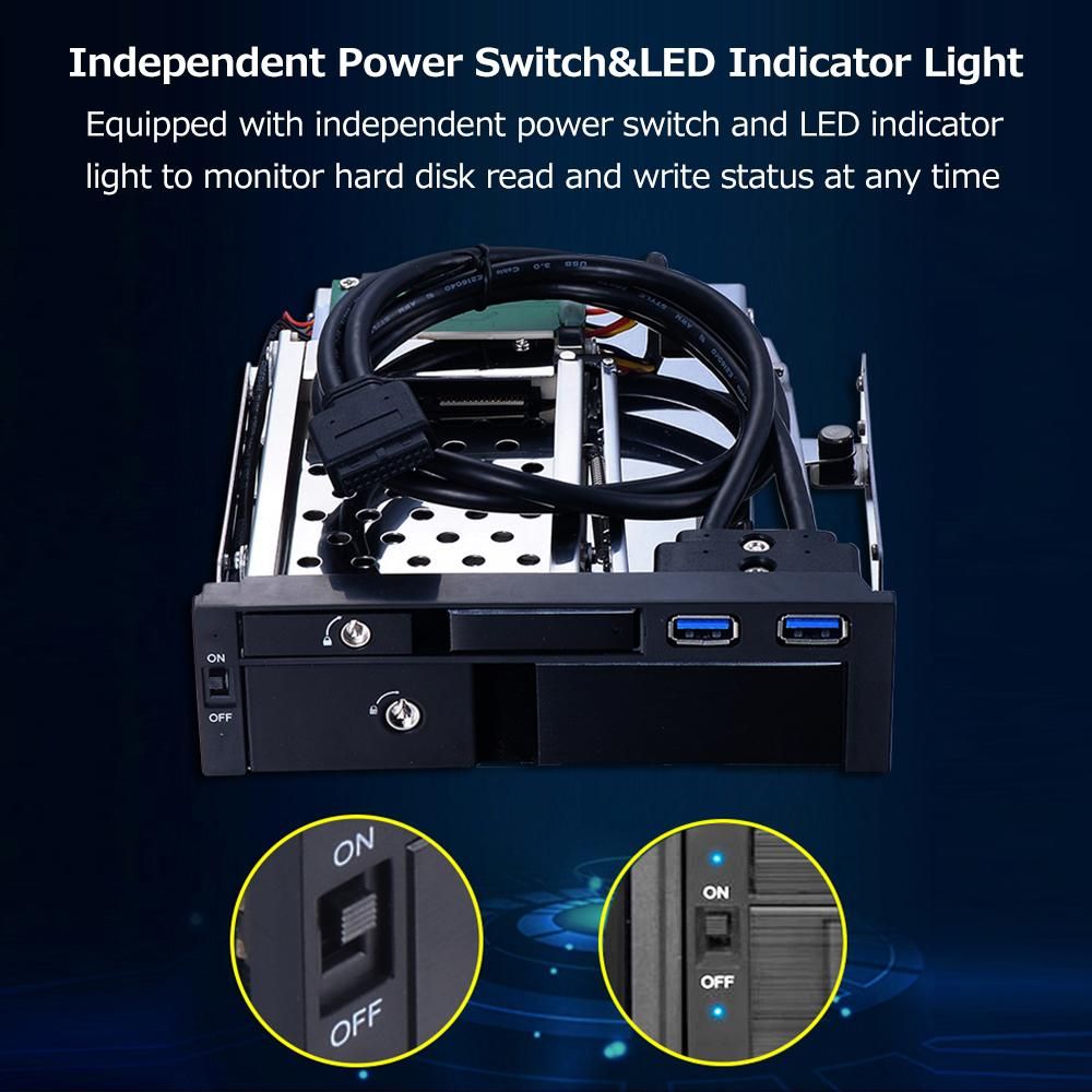 5.25 inch Internal Dual Slot Hard Disk Case 2.5+3.5 inch SATA HDD/SSD Enclosure Tool-free Design with 2 USB3.0 Ports Safety Locks