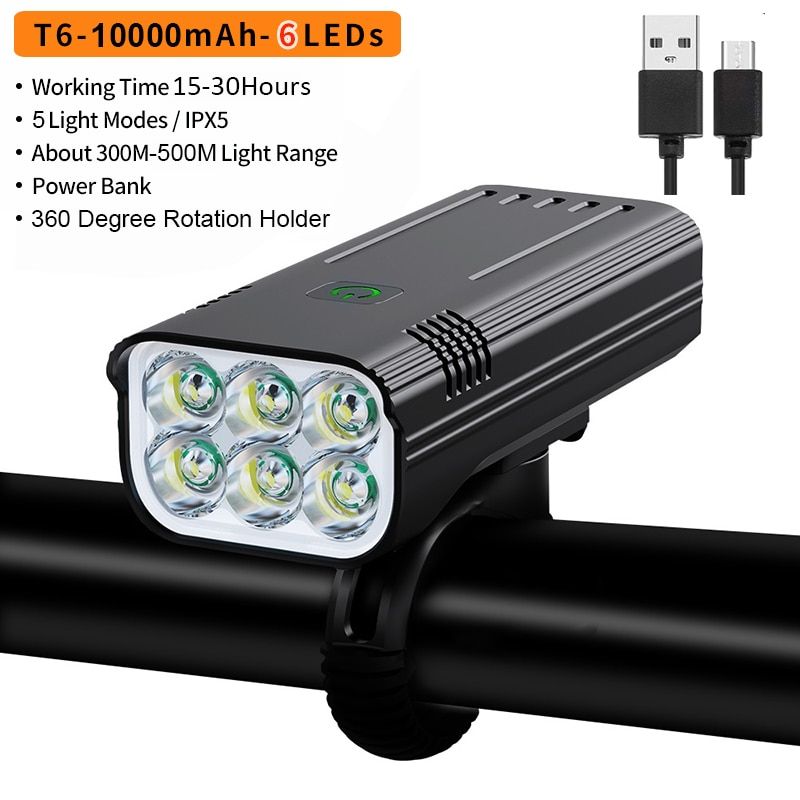 10000mAh Bike Light USB Rechargeable Bicycle Light Headlight 6*T6 LED Super Bright Flashlight Front Lights And Back Rear Light--6T6-10000mAh-USB