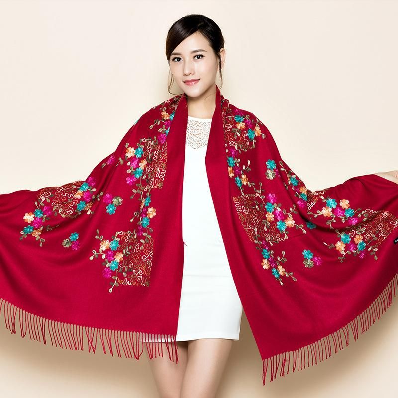 Delicate embroidery flowers winter scarf cashmere pashmina for women scarves fashion tassel long sjaal echarpe foulard femme