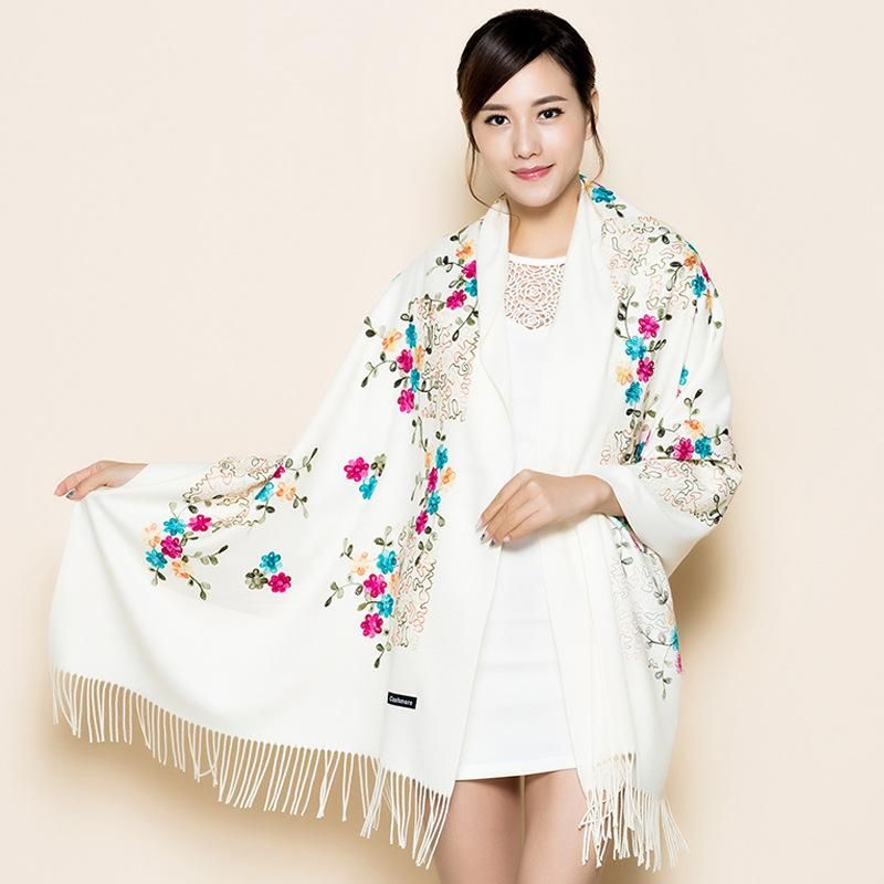 Delicate embroidery flowers winter scarf cashmere pashmina for women scarves fashion tassel long sjaal echarpe foulard femme