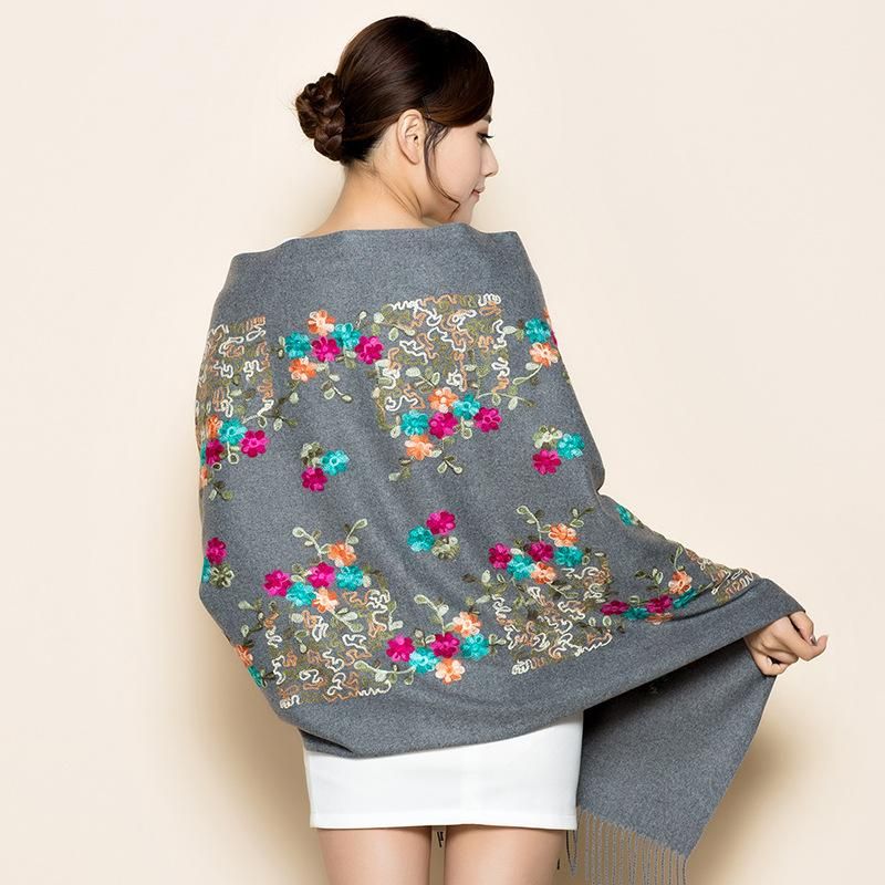 Delicate embroidery flowers winter scarf cashmere pashmina for women scarves fashion tassel long sjaal echarpe foulard femme