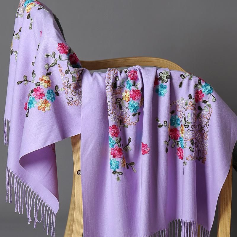 Delicate embroidery flowers winter scarf cashmere pashmina for women scarves fashion tassel long sjaal echarpe foulard femme