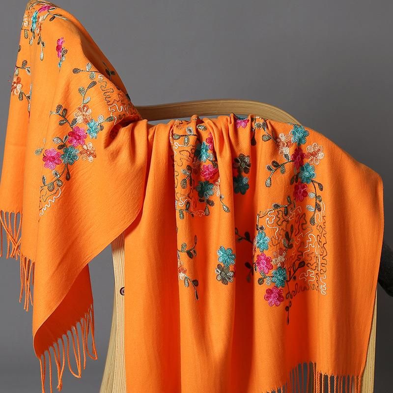 Delicate embroidery flowers winter scarf cashmere pashmina for women scarves fashion tassel long sjaal echarpe foulard femme