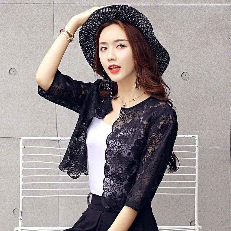 2023 Summer New Women Half Sleeve O-neck Shawl Coat Thin Sun Protection Clothing Mesh Lace All-match Cardigan Jacket Y45