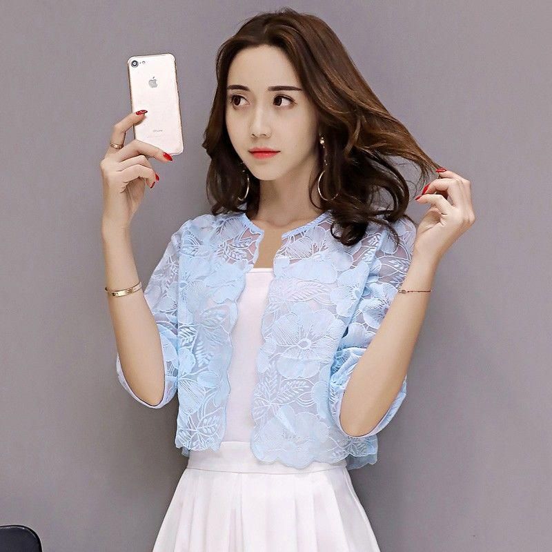 2023 Summer New Women Half Sleeve O-neck Shawl Coat Thin Sun Protection Clothing Mesh Lace All-match Cardigan Jacket Y45