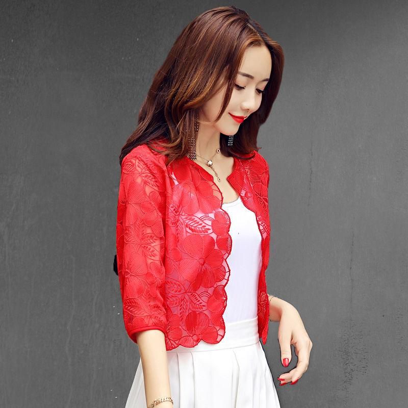2023 Summer New Women Half Sleeve O-neck Shawl Coat Thin Sun Protection Clothing Mesh Lace All-match Cardigan Jacket Y45