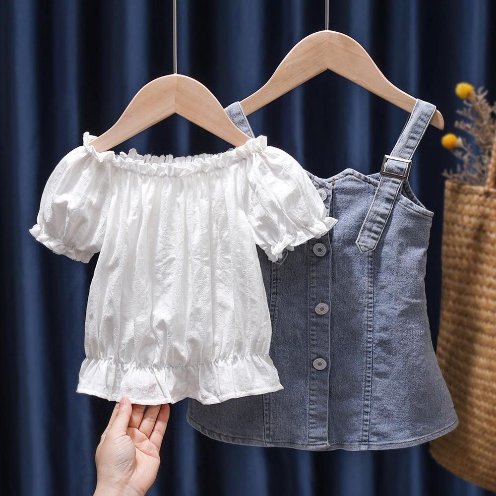 Girls' Two-Piece Suit Top + Denim Skirt White