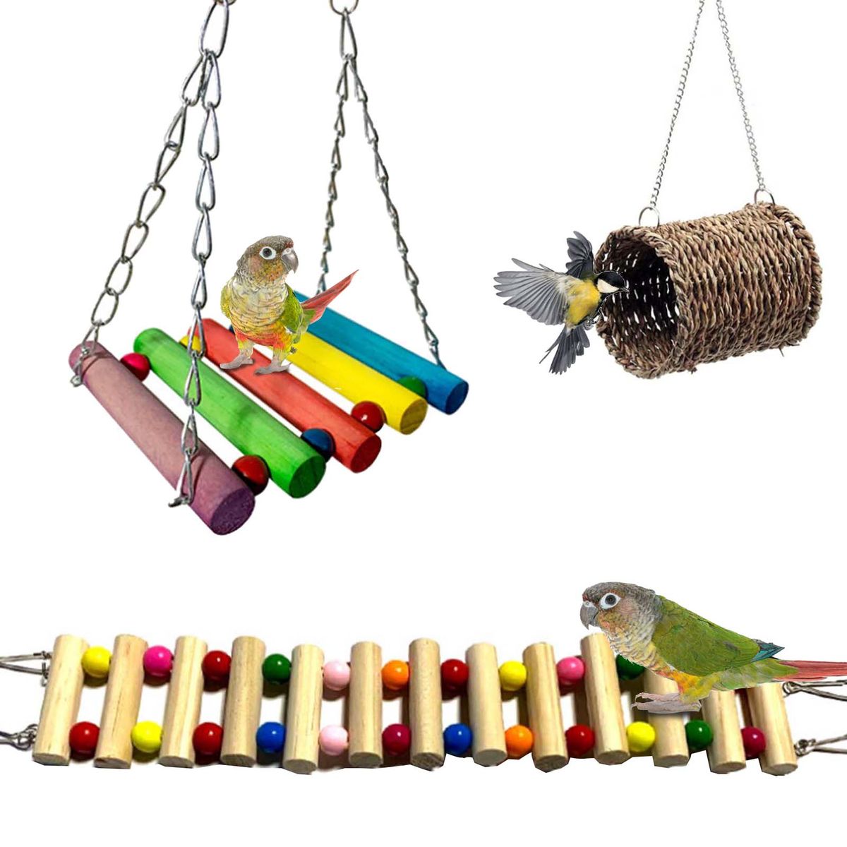 3pcs Bird Parrot Toys Bird Wooden Ladder Pet Bird Cage Swing