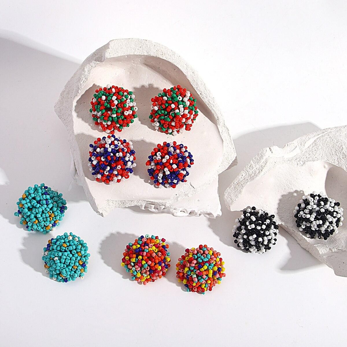 Lifefontier Handmade Colorful Acrylic Beads Round Stud Earring Minimalist Ethnic Resin Circle Earring For Women Charm Jewelry