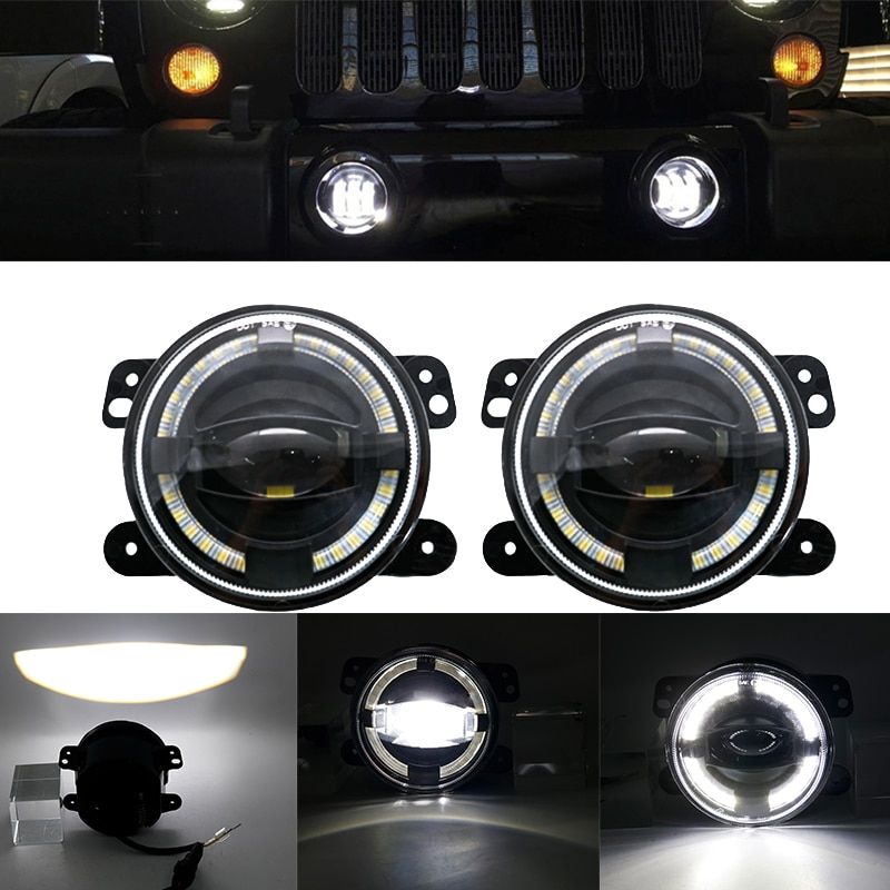 30W 4 Inch Round Led Fog Light  Halo Ring An Eyes &  Lamp DRL Bulb Angle Eyes For Jeep Wrangler JK