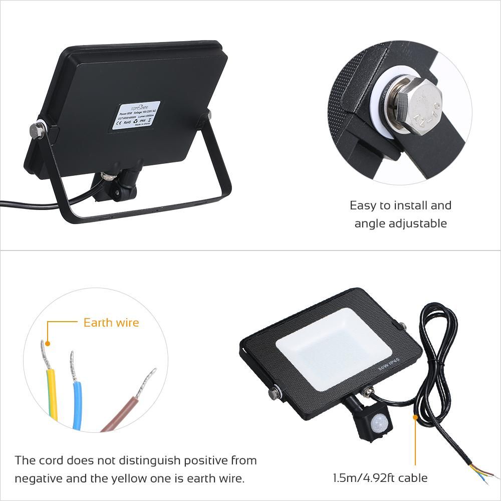 Tomshine AC220V-240V 50W Led Sensitive Motion Sensor Flood Light Project Lamp PIR Motion Inductor Lamp Adopted Human Infrared Technology IP65 Water-resistant for Garage Patio Yard Stairs Front Door Outdoor