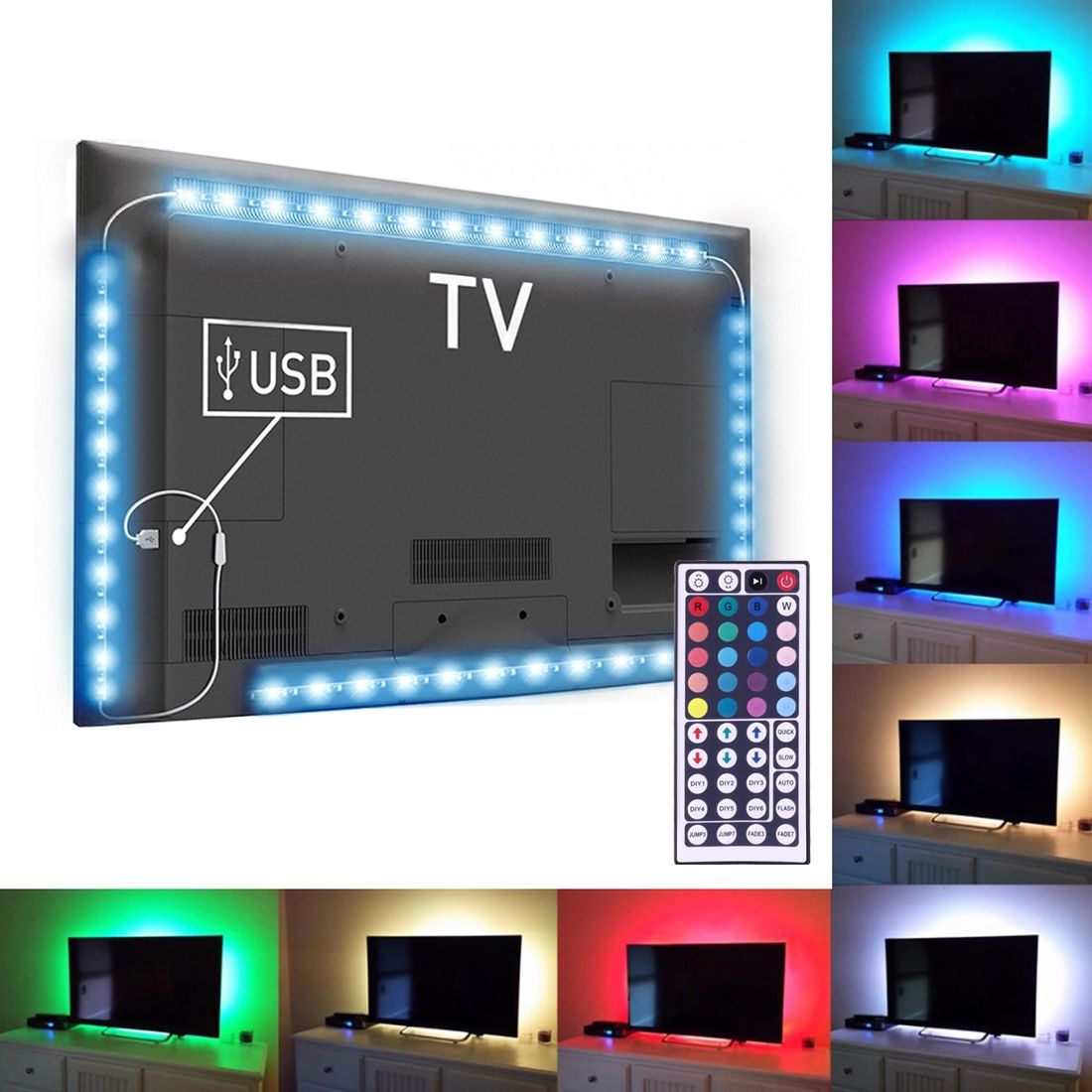 4 X 50cm USB TV Epoxy Rope Light, Wide: 10mm, 3W IP65 Waterproof 30 LEDs SMD 5050 With 44-keys Remote Controller(Colorful Light)