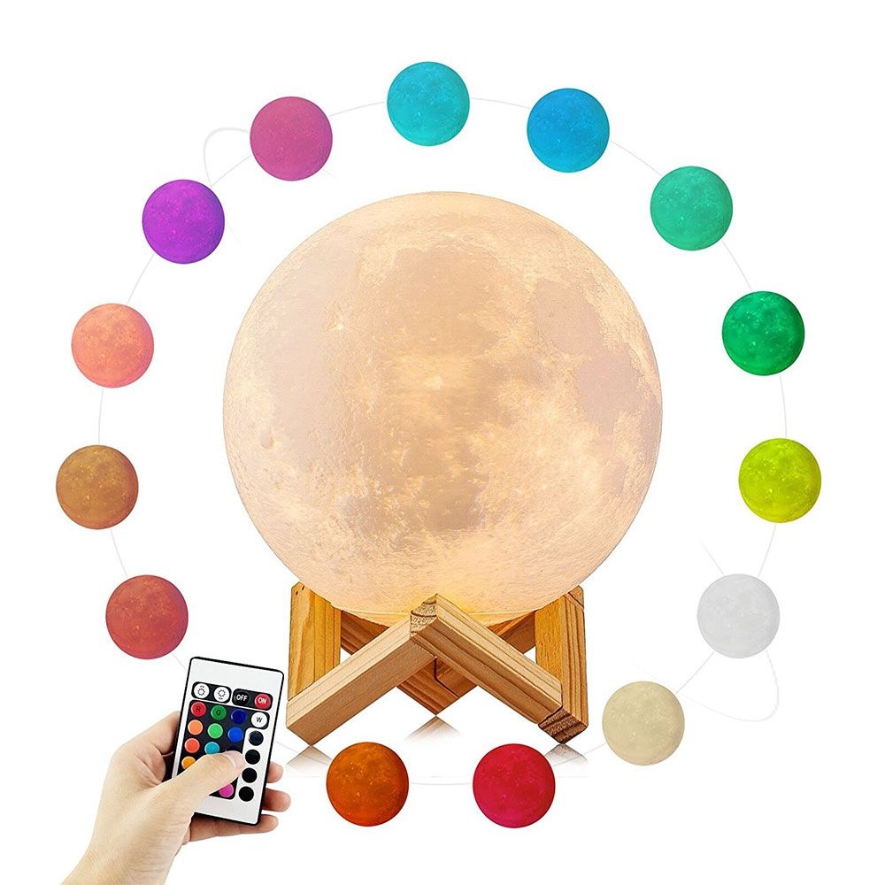 YouOKLight YK2302 15cm Touch Control 3D Print Moon Lamp, USB Charging 16-Color Dimming LED Night Light With Remote Control & Wooden Holder