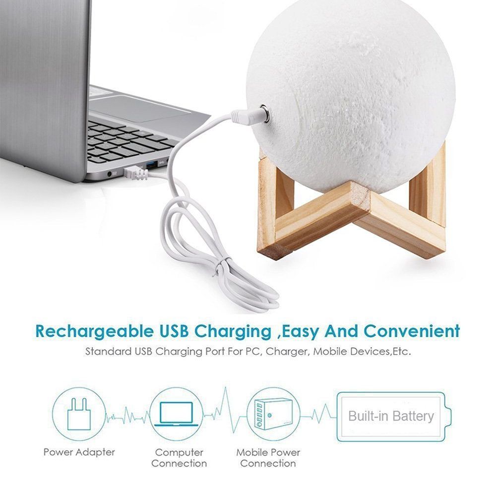 YouOKLight YK2302 15cm Touch Control 3D Print Moon Lamp, USB Charging 16-Color Dimming LED Night Light With Remote Control & Wooden Holder