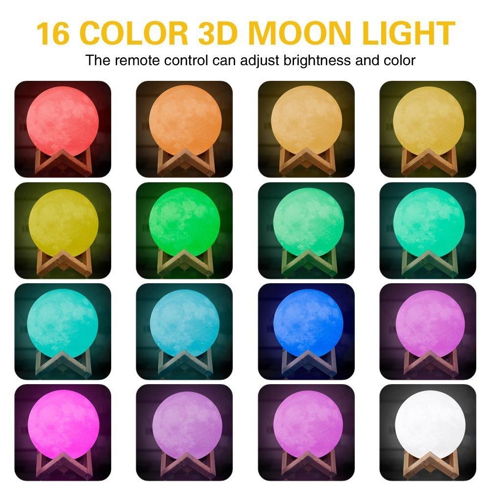 YouOKLight YK2302 15cm Touch Control 3D Print Moon Lamp, USB Charging 16-Color Dimming LED Night Light With Remote Control & Wooden Holder