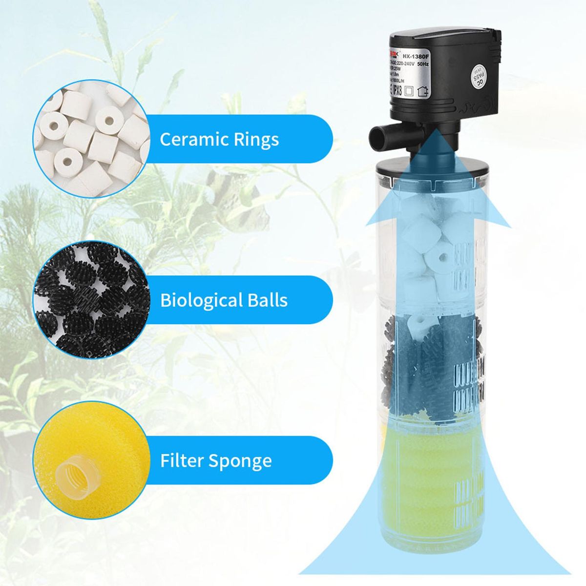 HX-1180F 12W Aquarium Filter for Fish Tank Submersible Internal Fish Tank Filter with  Water Pump Underwater Aquarium Filter