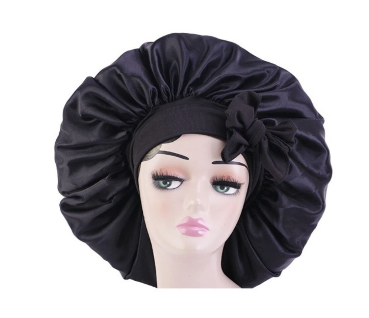 Satin Black Bonnets With Tie Band Fixed Women Hair Bonnet Custom Satin Bonnet