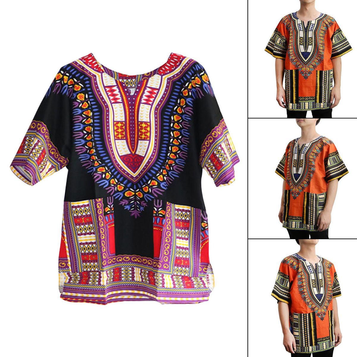 Unisex African Dashiki Shirt Colorful Traditional One Size  Black