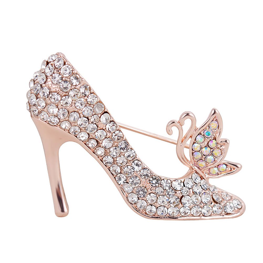 Women Rhinestone High Heels Brooch Pins Badge-White