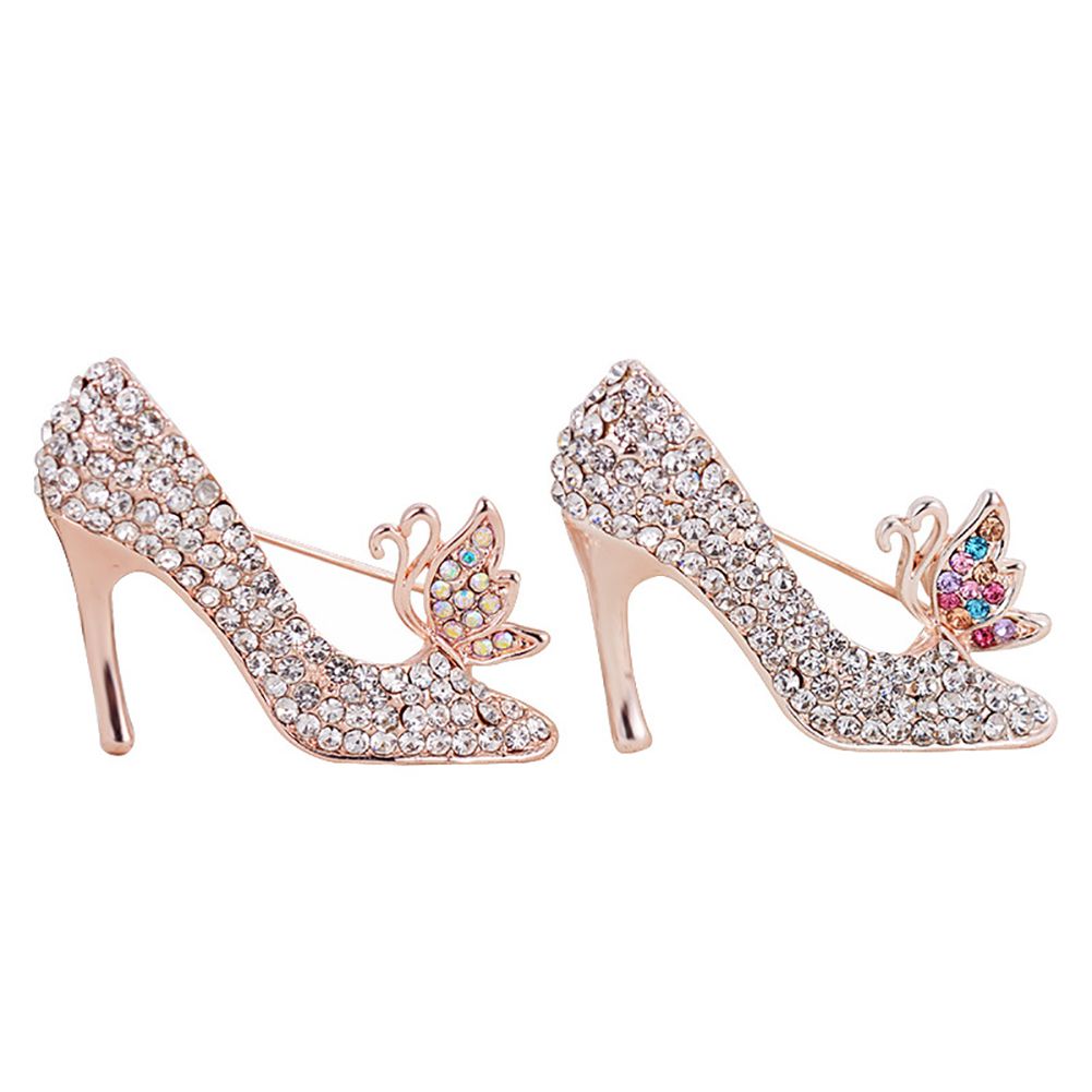 Women Rhinestone High Heels Brooch Pins Badge-White