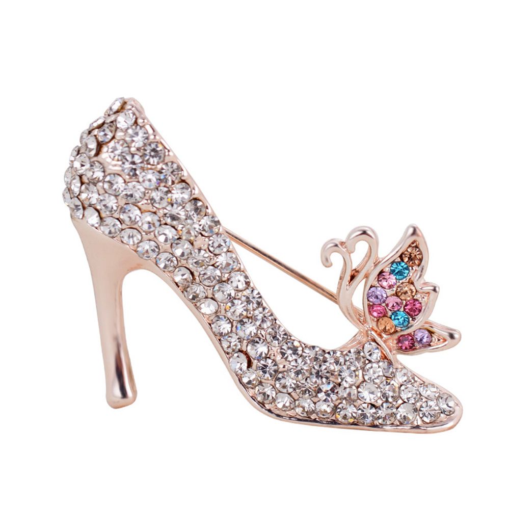 Women Rhinestone High Heels Brooch Pins Badge-White
