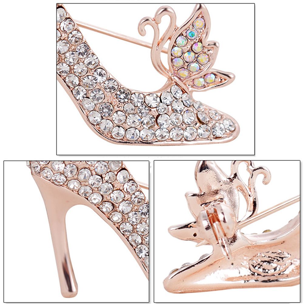 Women Rhinestone High Heels Brooch Pins Badge-White