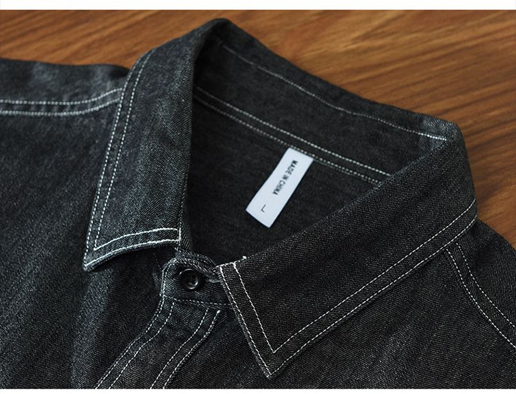 100% Cotton  Men Denim Shirts Long Sleeve Plain Casual Turn Down Collar-Black