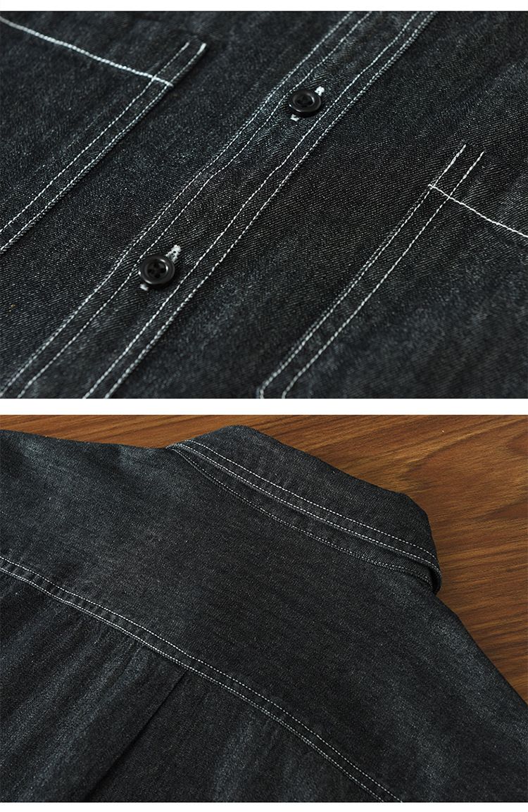 100% Cotton  Men Denim Shirts Long Sleeve Plain Casual Turn Down Collar-Black