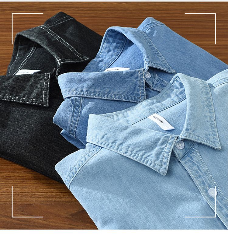 100% Cotton  Men Denim Shirts Long Sleeve Plain Casual Turn Down Collar-Black