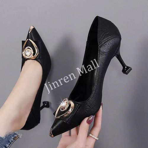 Women's Pointed Toe Rhinestone Work Heels - Black