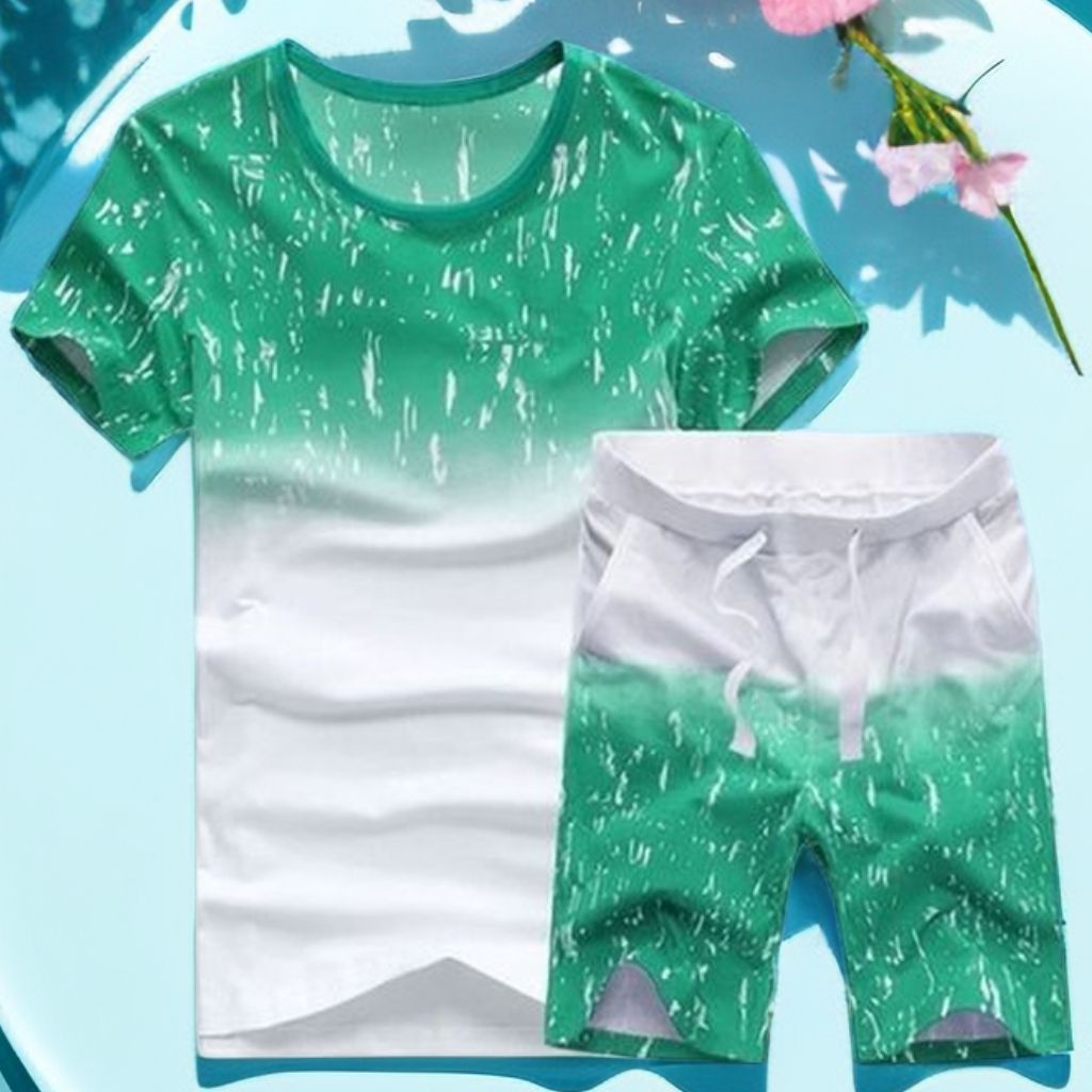 Men's 2 In 1 Short Sleeve Round Neck T-Shirt & Shorts Set - Green Up And Down