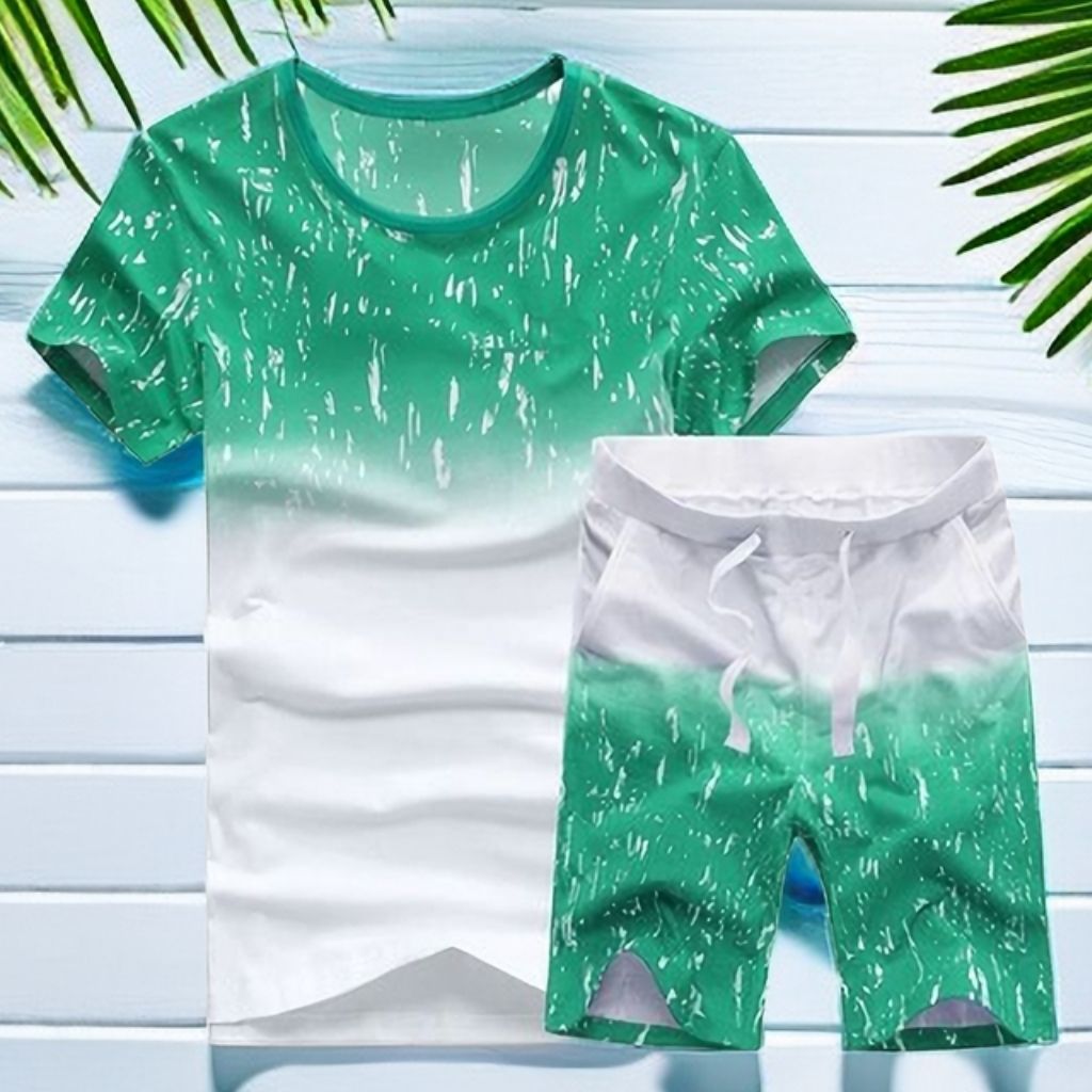 Men's 2 In 1 Short Sleeve Round Neck T-Shirt & Shorts Set - Green Up And Down