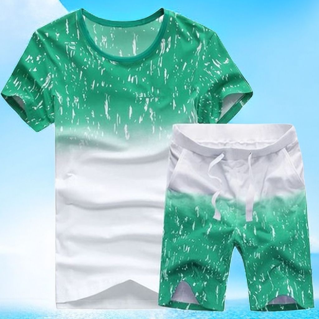 Men's 2 In 1 Short Sleeve Round Neck T-Shirt & Shorts Set - Green Up And Down