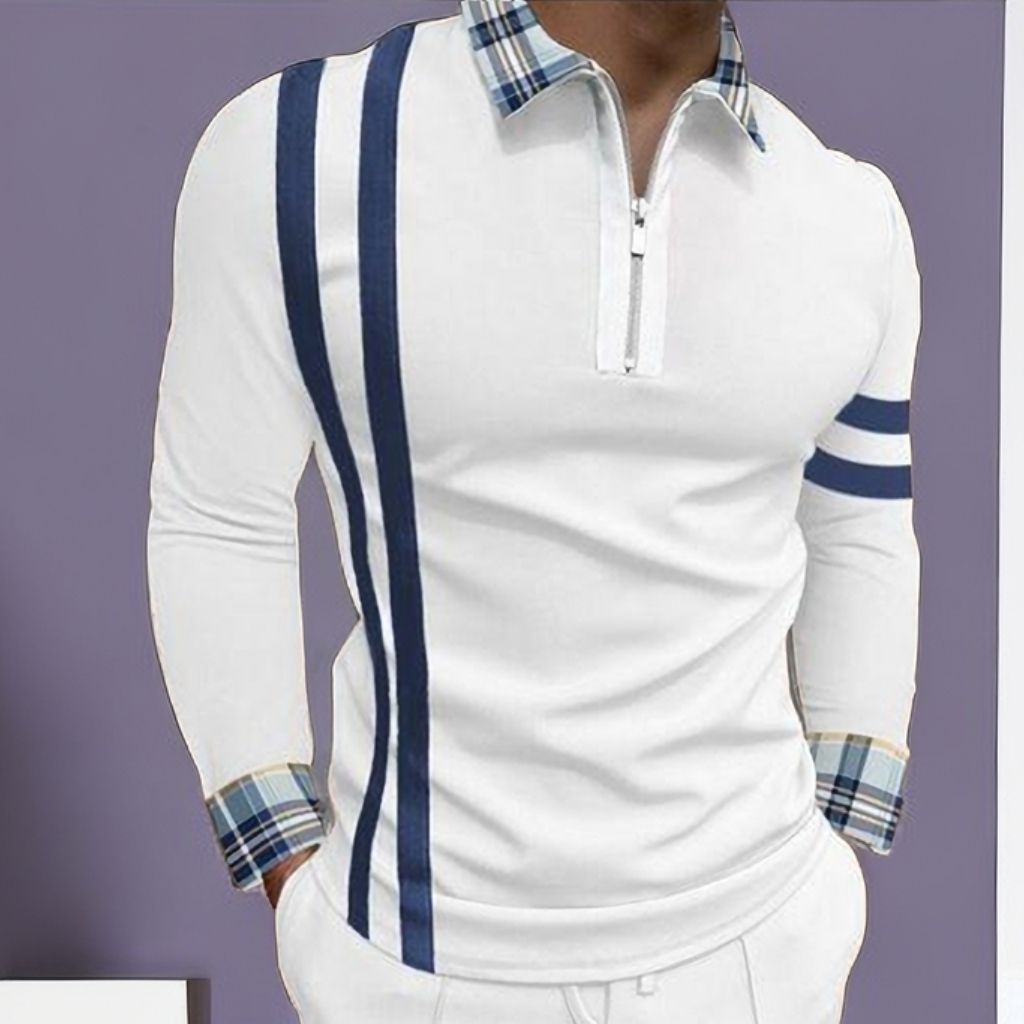 Mens Casual Long Sleeve Polos Shirt Trendy - White