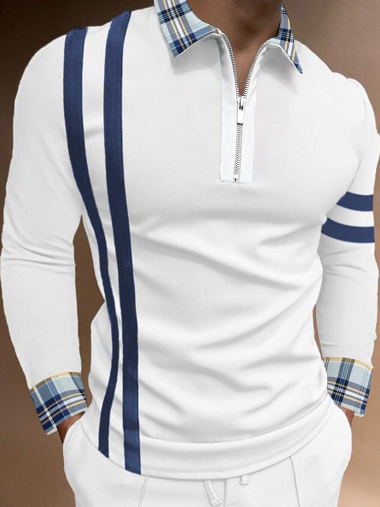 Mens Casual Long Sleeve Polos Shirt Trendy - White