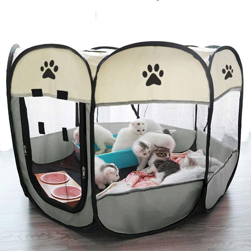 Portable Folding Pet Tent Dog House Octagonal Cage For Cat Tent Playpen Puppy Kennel Easy Operation Fence Outdoor Big Dogs House-Gray