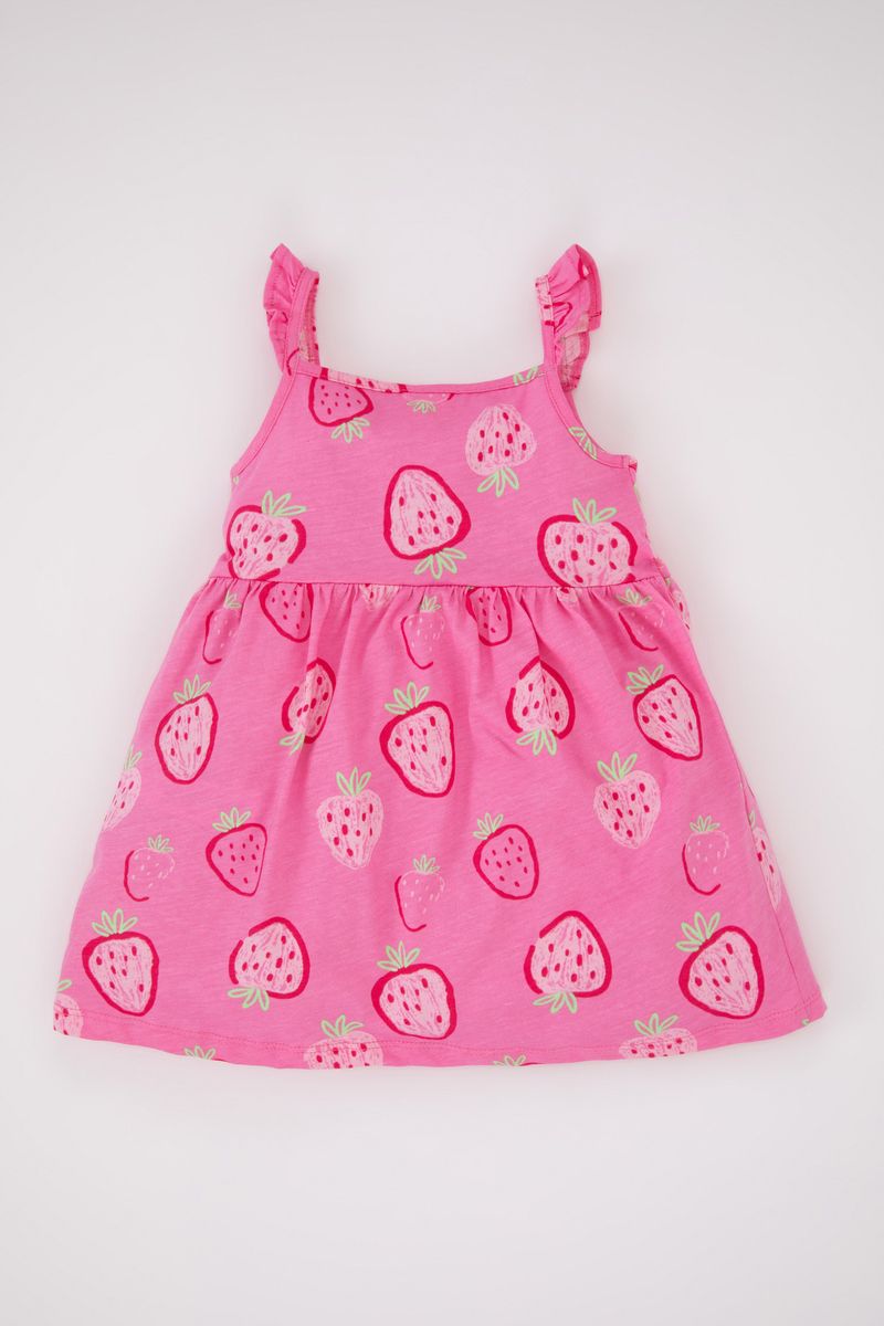 BabyGirl Casual Regular Fit Strappy Collarless Knitted Dress - Pink