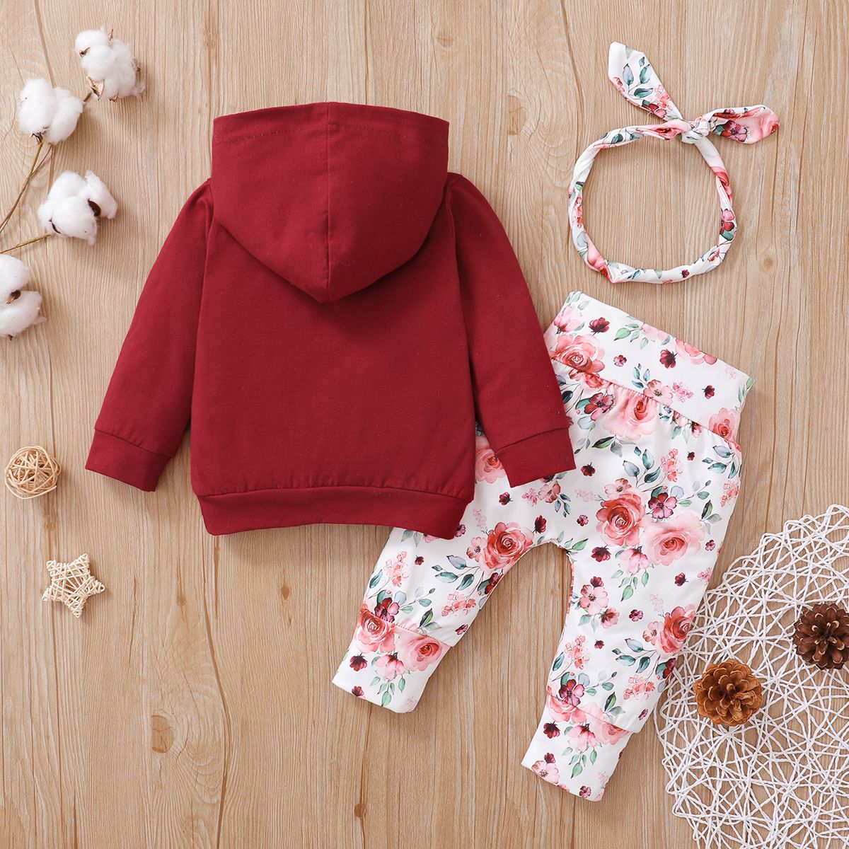 Baby Girls Long Sleeves Rose Floral Hoodie With Pants -Red
