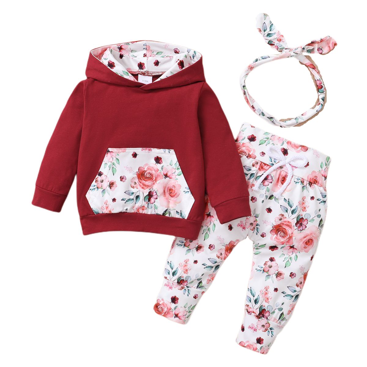 Baby Girls Long Sleeves Rose Floral Hoodie With Pants -Red