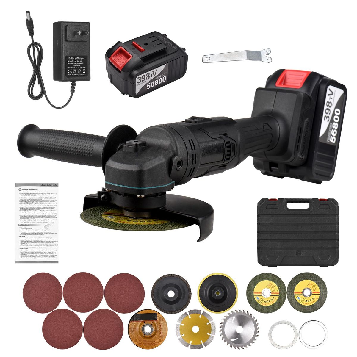 Battery-operated Electric Angle Grinder Portable Lithium Battery Grinder Machine Handheld Battery Grinder Tool with Li-ion Battery & Charger 2-Position Handle with Disc Charger & Carrying Case Kit for Metal Wood Cutting Grind